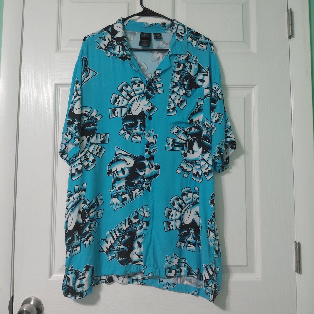 Disney Mickey Mouse Shirt Mens XLarge Blue All Over Print Button Up Collared